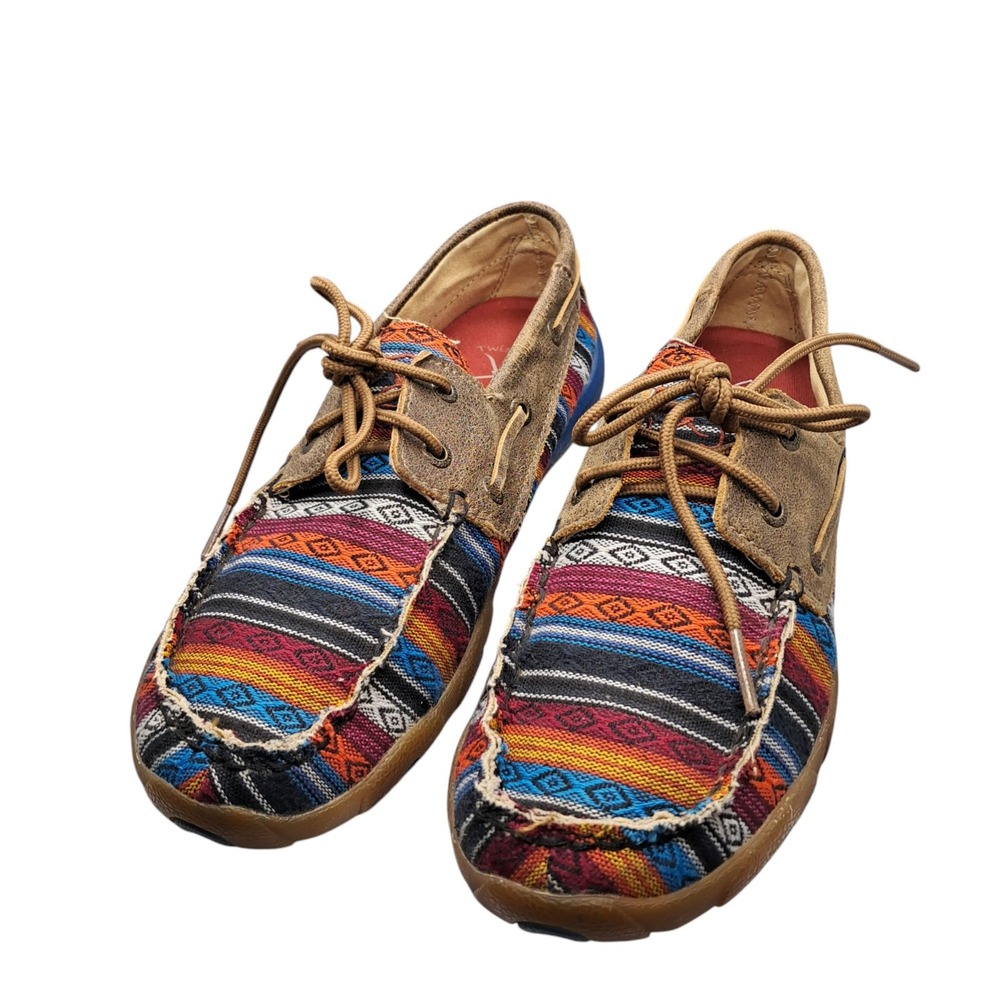 Twisted X Women's 7 Driving Mocs Boat Shoes Tan Multicolor Aztec Slip On - Picture 1 of 10